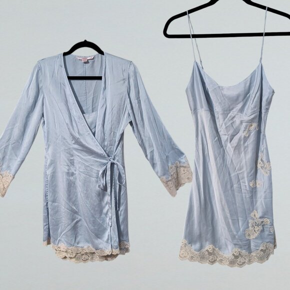 Victoria's Secret Other - Y2k Soft Blue Cream Silk Lace Trim Chemise Slip Dress and Matching Robe